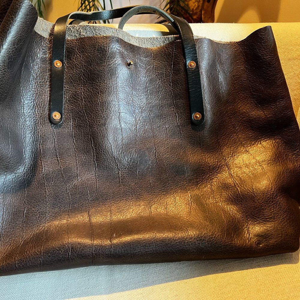 AVERY LEATHER TOTE BAG - LARGE - CHARCOAL BISON with added Button Stud closure